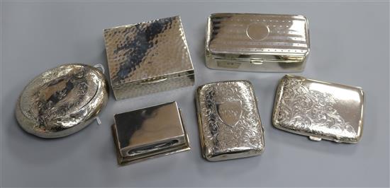 A small planished silver cigarette box, London 1907, William Comyns and five other items,